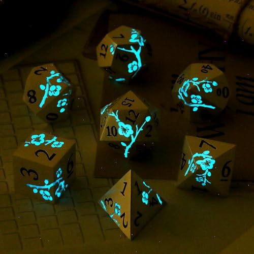Silver Metal DND Dice Set, 7PCS D&D Metal Dice with Metal Case for Dungeons and Dragons, Shadowrun, Pathfinder, Savage World and Table Games (Glow in The Dark Blue) - 1