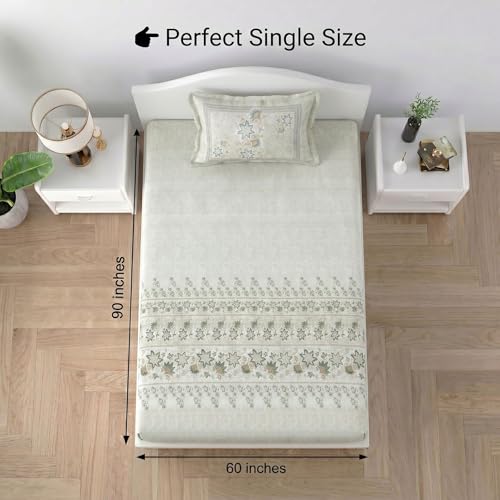 Image of Mafatlal Spring Glory Cotton Single Bedsheet Combo Pack of 2 with Pillow Covers | 180 TC Comfort Fit Cotton Sheets | Fresh Floral Print Bedding | Floral Green & Modern Blue
