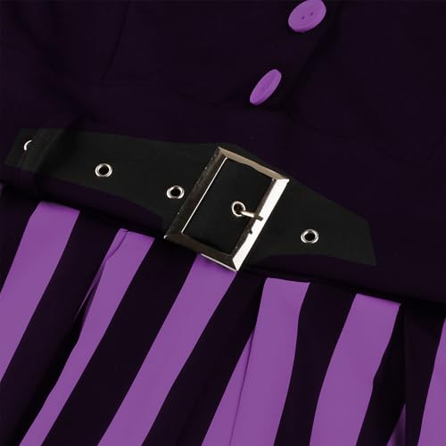 Image of ODIZLI Women's 1950s Retro Dress Short Sleeve Notched Lapel Polka Dot Stripe Swing Dress with Belt Cocktail Dress