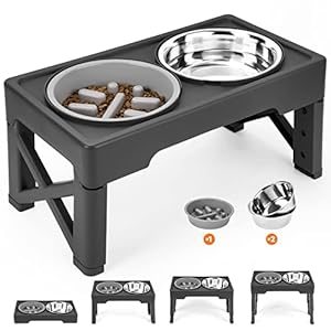 Elevated Dog Bowls with Slow Feeder, 4 Adjustable Heights Raised Dog Bowl Stand with Two 1.3L Stainless Steel Food & Water Bowls, Adjusts to 2.8”, 8.6”, 10.2”, 11.8” for Large Medium, Small Dog & Cats