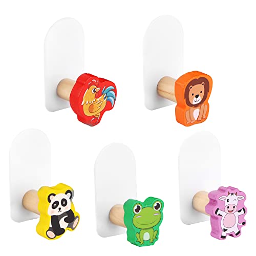 RUNEAY Lot de 5 crochets à vêtements pour enfants - En bois - Autocollants - Sans perçage - Pour garde-robe d'enfant, chambre d'enfant