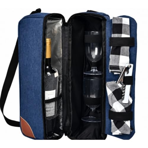 Wine Bag,Insulated Cooler Bag with Wine Glasses Steel Corkscrew Bottle Opener and Napkins Portable Wine Gift Bag for Picnics,Party,Travel (Blue)