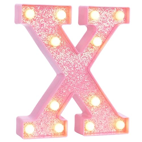 Image of Pink Marquee Light Up Letters, Glitter Alphabet LED Letter Lights for Pink Birthday Party Decorations, Battery Operated Letter Sign for Girls Room Vanity Table Decor, Warm White Lights Letter X