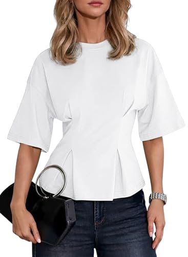Dokotoo Shirts for Women Summer 2026 Crew Neck Short Sleeve Tshirts Fashion Trendy Clothes Cinched Waist Peplum Going Out Tops White Small