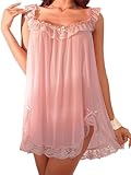 MBZJSDKHLK Women Lace Trim Mesh Nightdress Sleeveless Sweetheart Neck Chiffon Nightwear Lounge Lingerie Dress Brief 2Pcs Set (A-Pink, S)