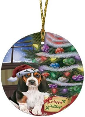 Santa Sled Dogs Basset Hound Christmas Round Flat Ornament - Pet Decorative Hanging Ornaments for Christmas X-mas Tree Decorations - 2.75" Round Flat Ceramic Christmas Ornament POR1570