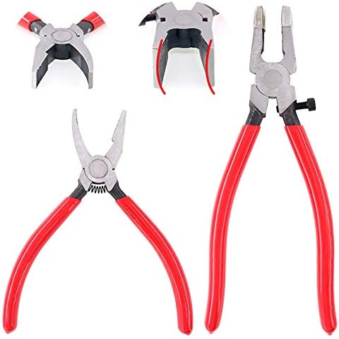 Swpeet 2Pcs Heavy Duty Breaker Grozer Pliers and Glass Running Pliers Kit with Rubber Tips, Glass Pliers with Flat Jaws & Curve Jaw Perfect for Stained Glass