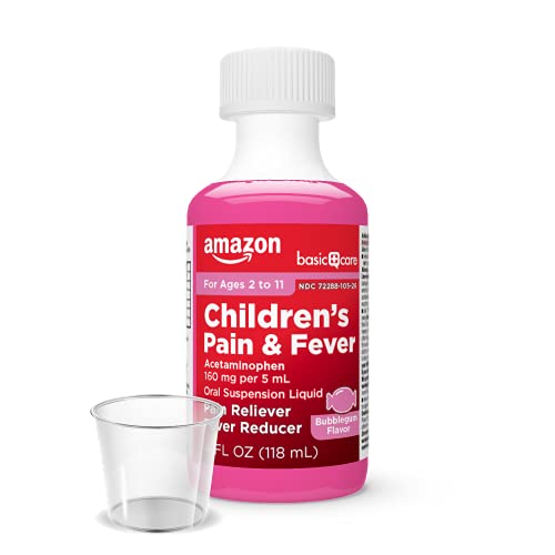 Image of Amazon Basic Care Children's Pain Reliever and Fever Reducer, Acetaminophen 160 mg per 5 ml, Bubblegum Flavor, for Headache and Sore Throat, Ages 2-11 Years, 4 fl oz (Pack of 2)