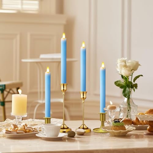 Image of KSWING Upgraded Real Wax LED Flameless Light Blue Taper Candles with Remote, 6 PCS Candlesticks Battery Operated 3D Flickering - 9.6 inch Long Realistic Fake Candle Sticks for Home /Wedding /Xmas Decor
