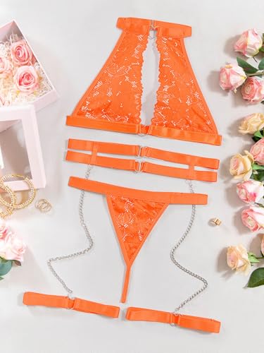 Image of Foxiny Sexy Halter Heart Ring Cutout Chain Floral Lace Sheer Garter Belt Lingerie Set 3 Piece