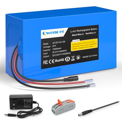 Image of 24V 10Ah Lithium Battery, 24V Rechargeable Li-ion Battery with 25.2V 2A Charger, Bare Leads Wire, Cable Connector for Kids Ride On Cars, DIY Project, RC Car, Solar Panels, LED Light Strip, CCTV Camera