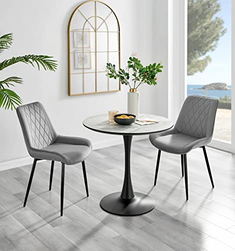 Furniturebox UK - Elina White Marble Effect Melamine Round Dining Table & 2 Grey Pesaro Black Leg Chairs