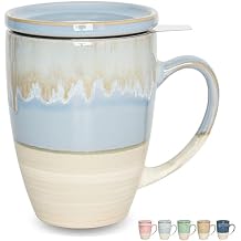Bosmarlin Ceramic Tea Cup with Infuser and Lid, 13.5 Oz, 5 Colors to Choose, Dishwasher and Microwave Safe, Reactive Glaze, Steeping Tea Mug with Strainer Light Blue