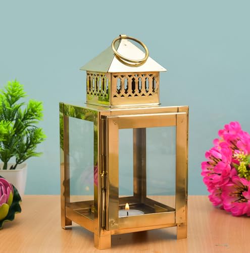 Image of Handicraft Akhand Diya with Glass Cover Brass, Akhand Diya for Home Temple puja, Hanging Table Lantern