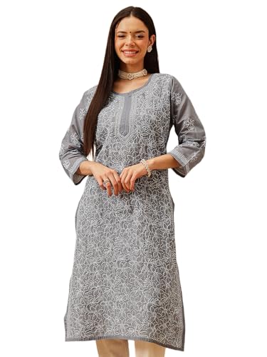 Image of Ada Women's Cotton Straight Fit Straight Hand Embroidered Lucknowi Chikankari Kurta Kurti A411165