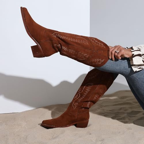 Cowboy Boots for Women Knee High Womens Cowgirl Boots for Girls Pointed Toe Slip on Chunky Heel Western Boot2