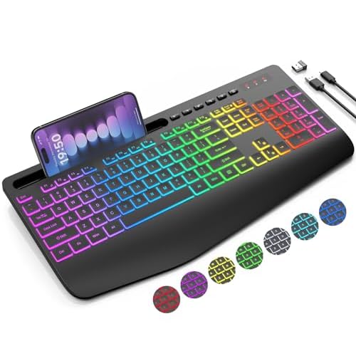 SABLUTE Wireless Keyboard with 9 Backlit Effects, Wrist Rest, Phone Holder, 2.4G Lag-Free Ergonomic Keyboards, Rechargeable Silent Cordless Keyboard for Computer, Laptop, PC, Mac, Windows