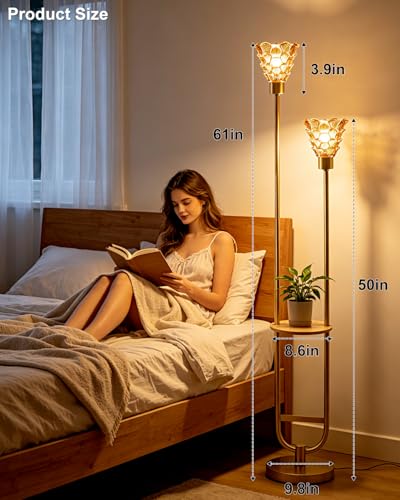Image of Lightdot 2-Lights Modern Glass Floor Lamp with Shelf Gold Standing Tall Lamps with Amber Shell Glass Shade,LED Floor Lamp with Foot Switch for Living Room Bedroom Home Decor (3000K Bulbs Included)
