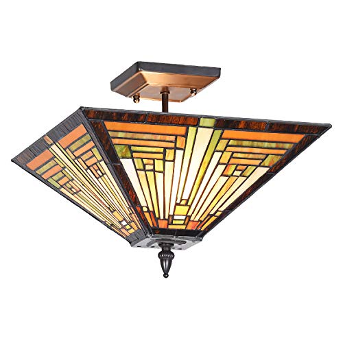 Cotoss Tiffany Style Ceiling Light Fixtures 14” Wide Stained Glass Lamp Shade 2-Light Classical Mission Style Semi Flush Mount Ceiling Light for Hallway Bedroom Kitchen