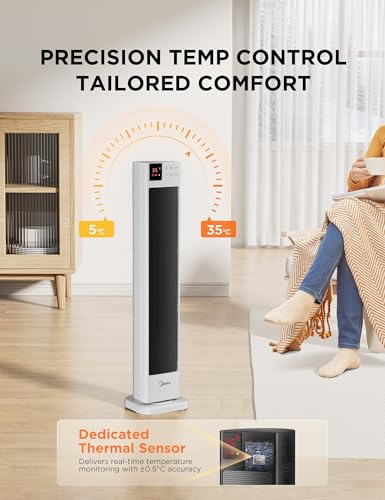 Midea MHF202RSWPK Electric Heater, 2000W Ceramic Space Heater with Thermostat and Remote Control, 30 Inch, 3 Modes 24H Timer, Overheat & Tip Over Protection, Instant Heat for Office Bedroom Home