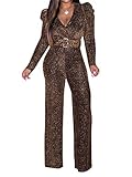 OLUOLIN Womens Sexy Sparkly V Neck Jumpsuit Long Sleeve Party Clubwear Romper with Belt