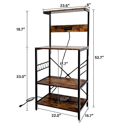 Tc-Homeny Bakers Rack With Power Outlet, 3 Tiers Kitchen Storage Shelf With 5 S-Shaped Hooks, Kitchen Microwave Stand, Coffee Station Utility Storage Shelf For Kitchen #TOP6