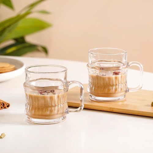 Image of Nestasia Transparent Glass Tea Cups Set of 6 (165ml Each) - Dishwasher Safe & 100% Food Safe Coffee Cups with Handle for Coffee, Tea, Hot & Cold Beverages | Elegant Ribbed Design