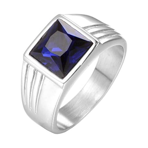 SINLEO Men's Stainless Steel Brushed Created Wedding Band Silver Ring with Square Blue Gemstone Size 12 Cover