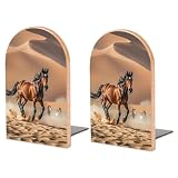 Horses Running in Desert Storm Book Ends for Shelves Heavy Duty Non-Slip Wooden Bookends with Metal Base Modern Decorative Wooden Book Holders Book Stopper for Home Office And Library,Books Shelf Hold