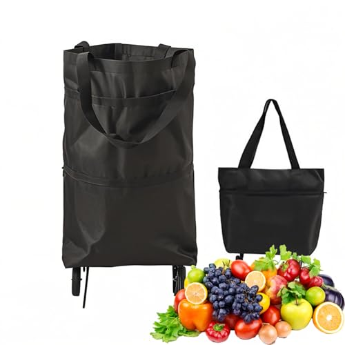 Foldable Shopping Trolley on Wheels 25kg Heavy-Duty Waterproof Oxford Fabric Collapsible Bag with Silent Wheels Convertible Hand Carry (Black)