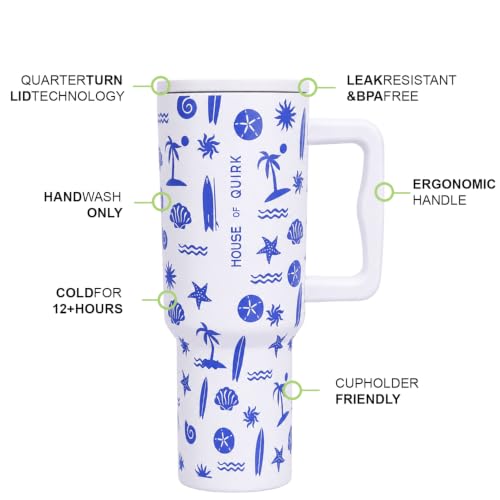 Image of House of Quirk 1200ML Stainless Steel Tumbler with Handle & Lid, 2 Straws - Large Travel Mug Water Cup for Gym, Office & Outdoor Use (Seanova)