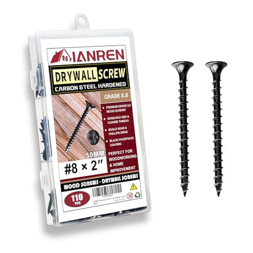 Ianren KA-N8-CS-50C Wood Screws #8 X 2 Inch 100 Pcs Drywall Screws Self-Tapping Screws Black Flat Head Phillips Drywall Screws Coarse Thread Bugle Head Black Phosphate Coated cover