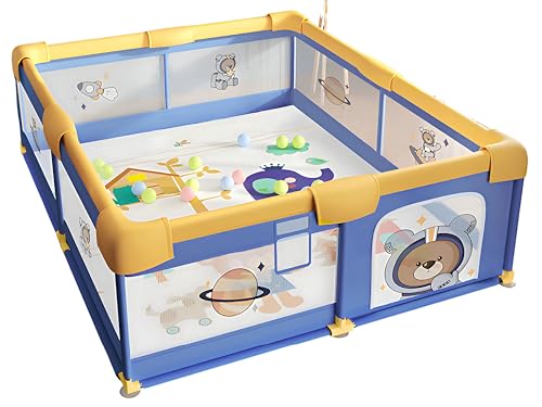 Image of Playard | Spacious Playpen for Kids up to 4 Years | Safety Lock | Thick Padding | 360 Mesh | Portable Activity Center (Space Baby Bear, Ocean Blue, 150x180 cm) | No Mat /Grip /Balls (WY)