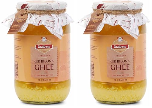 Image of Indicow Organic Dairy Foods Pure Authentic A2 Gir cow Ghee | Bilona Curd-Churned, Cruelty-Free, Ayurvedic| Grass Fed Cows (1000ml(1ltr), Gir) | Glass Packaging (Pack of 2)