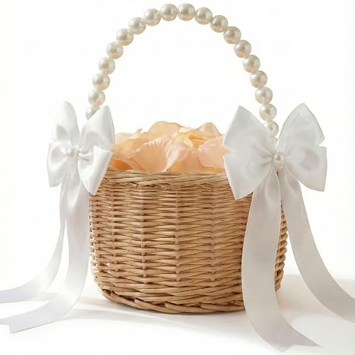 MOLTREX Flower Girl Baskets with Pearl Handle and Ribbon Bow with 100 Pcs Petals for Wedding Decoration Home Outdoor Picnic Rustic and Woven Rattan Basket for Party Garden Decor (1 Pcs)