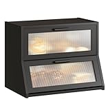 GHWIE Double Layer Bamboo Bread Box for Kitchen Counter,Large Capacity Bread Storage Bin,Bread Container with Acrylic Wavy Door Panel (Black, Medium)