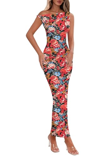 Lazysmile Summer Floral Maxi Dresses for Women One Shoulder Bodycon Mesh Elegant Formal Cocktail Wedding Guest Party Dress Red