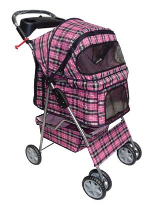 Pink Plaid 4 Wheels Pet Dog Cat Stroller W/raincover