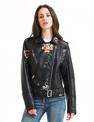 Giolshon Women's Faux Leather Short Jacket Casual Motorcycle Biker Floral Coat 1702020 Black Xl #TOP1