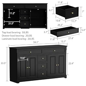 MOUMON Sideboard Credenza with Doors and Shelves, Credenza Sideboard Buffet with Drawers, Buffet Table Home Bar Cabinet for Kitchen Living Room Black (59.1”W x 15.7”D x 33.5”H) MOUMON Sideboard Credenza with Doors and Shelves Credenza Sideboard Buffet with Drawers Buffet Table Home Bar Cabinet for Kitchen Living Room Black 591W x 157D x 335H
