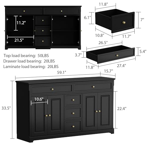 MOUMON-Sideboard-Credenza-with-Doors-and-Shelves-Credenza-Sideboard-Buffet-with-Drawers-Buffet-Table-Home-Bar-Cabinet-for-Kitchen-Living-Room-Black-591W-x-157D-x-335H MOUMON Sideboard Credenza with Doors and Shelves Credenza Sideboard Buffet with Drawers Buffet Table Home Bar Cabinet for Kitchen Living Room Black 591W x 157D x 335H