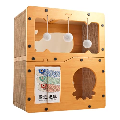 AZIEBAY段ボールベッド、猫の爪とぎハウス、爪とぎ、猫のおもちゃ付き、キャットタワー、ベッド、通気性、猫用品、複数の猫に適しています、耐摩耗性 (オーシャン二重層トランペット)