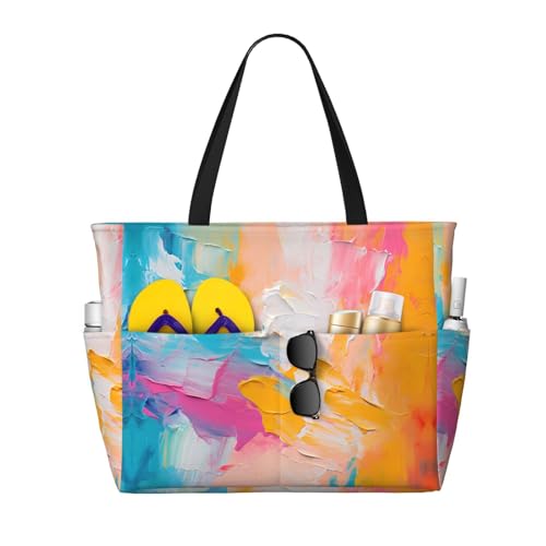 Abstract oil painting Large capacity beach bag with zipper, perfect for grocery bag pool gym travel shopping foldable beach travel bag,