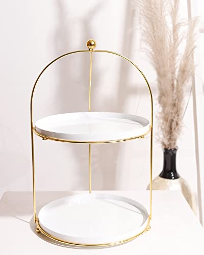 Order Happiness White & Gold Metal 2-Tier Cake Stand Snack Platter for Home Decor Round