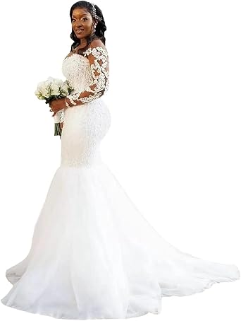 GREOENEL Amor Mermaid Wedding Dress Plus Size Lace Appliqued Beach Boho Wedding Gowns Beaded