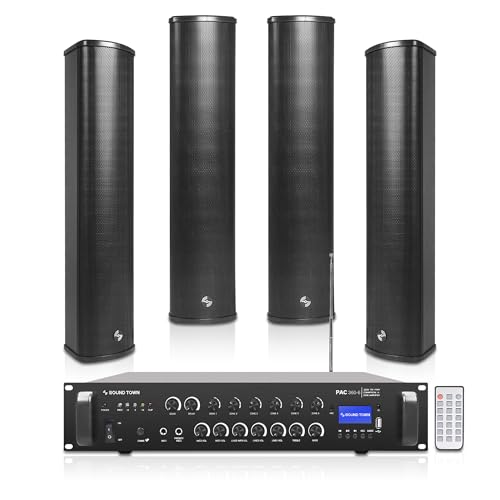 Sound Town Commercial Restaurant Bluetooth Amplifier + Column Speaker Set, with One 6-Zone 70V/100V Amplifier with Bluetooth, 4 x All-Weather Four 5-Inch Column Speakers, Black (PAC360X4CL45B)