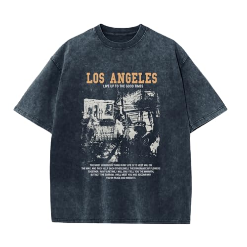 Pairxily Oversized Graphic Tshirts for Men Acid Wash Los Angeles