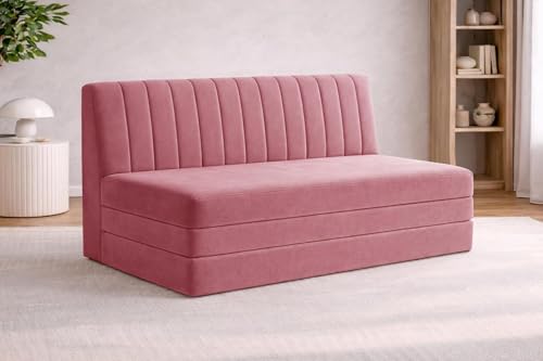 Image of Rosebell -Three Seater Armless Sofa Cum Bed with Backrest | Soft Velvet Fabric Finish | Modern Living Room & Bedroom -Rose Pink-Color