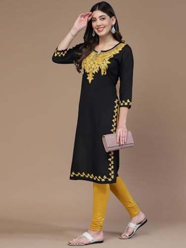 Image of QAZMI Women's Floral Aari Embroidered Viscose Rayon 3 /4 Sleeves Straight Kurta