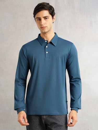 Image of Thomas Scott Men's Regular Fit Polo Performance T-Shirt | Viscose Rayon Fabric | Solid Knitted Polo Collar | Long Sleeves | Soft, Breathable & Comfortable Casual Wear for Men